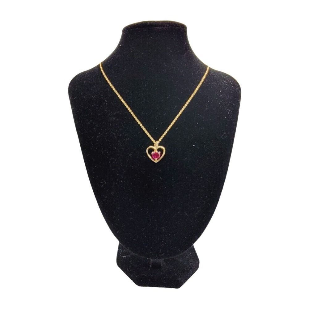 Vtg Gold Vermeil Over Sterling‎ Silver Necklace with Heart Pendant Red Sapphire - Picture 2 of 6